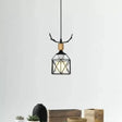Rustic Black Pendant Light With Metal Wire Frame And Antlers - Lodge Décor- 1