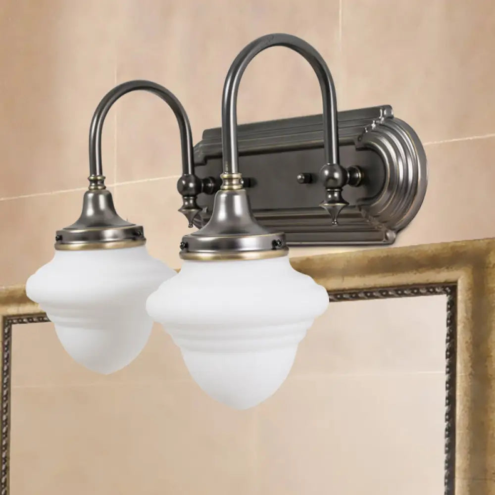 Rustic Black Schoolhouse Vanity Lighting: Opal Glass Wall Lamp With Metal Curved Arm - 2 Head