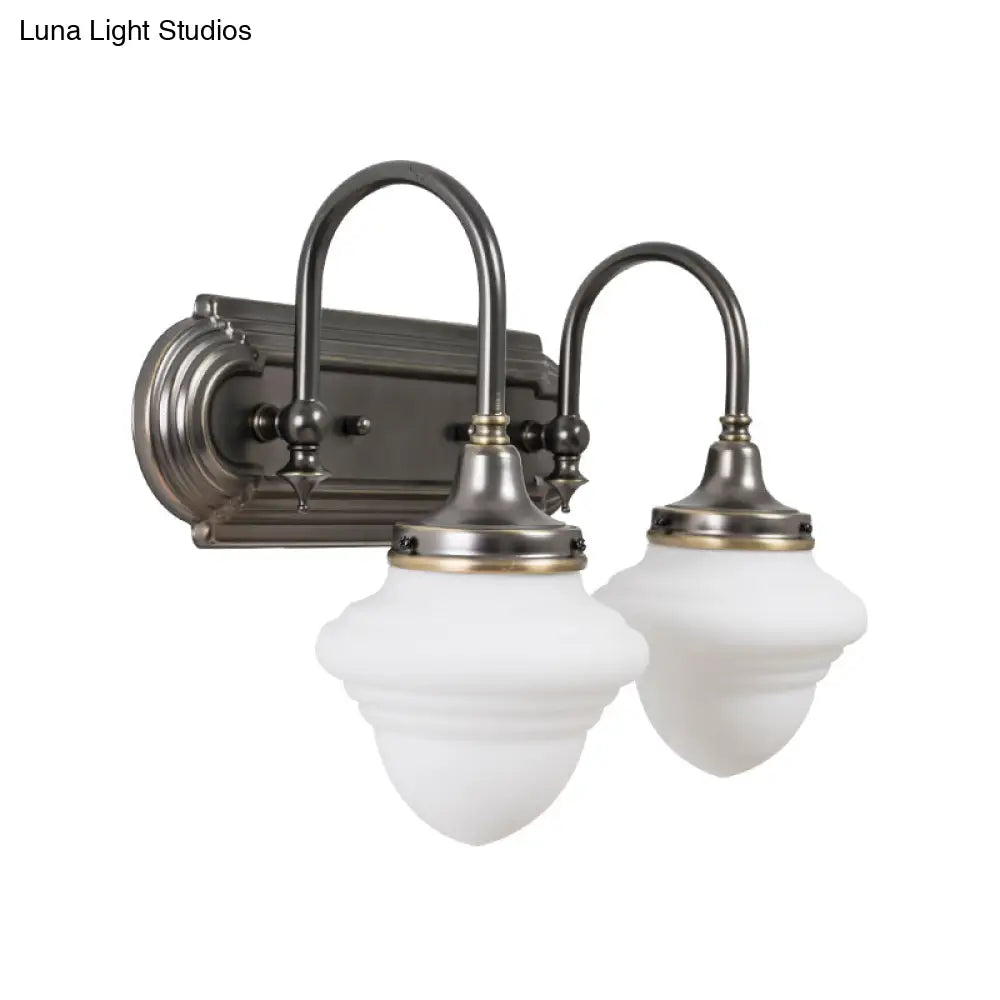Rustic Black Schoolhouse Vanity Lighting: Opal Glass Wall Lamp With Metal Curved Arm - 2 Head