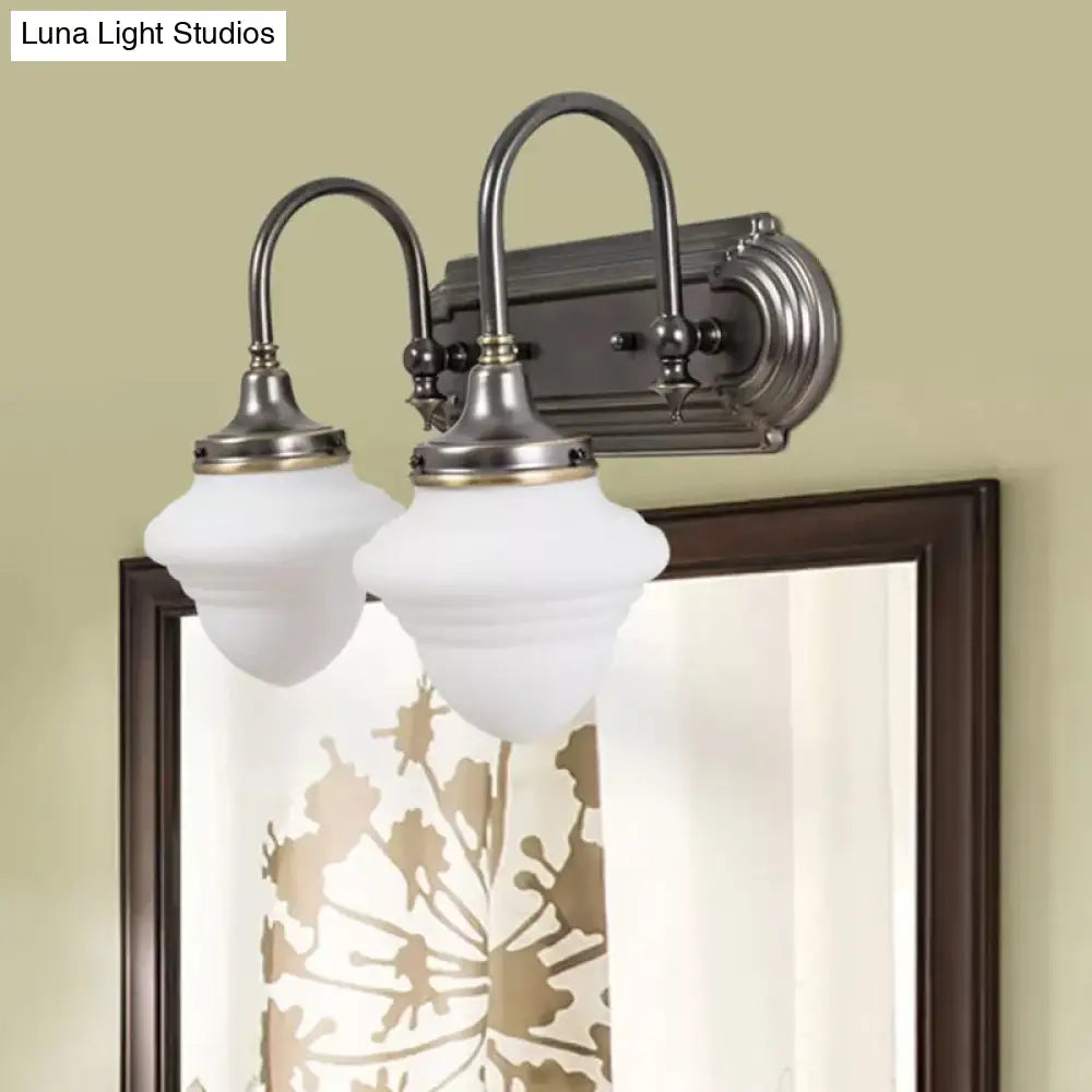 Rustic Black Schoolhouse Vanity Lighting: Opal Glass Wall Lamp With Metal Curved Arm - 2 Head