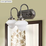Rustic Black Schoolhouse Vanity Lighting: Opal Glass Wall Lamp With Metal Curved Arm - 2 Head