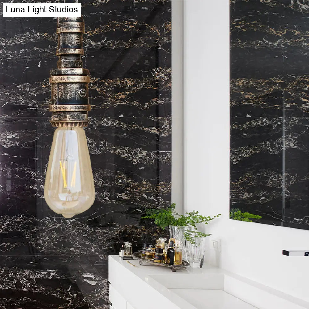 Rustic Black/Silver Wrought Iron Bare Bulb Hanging Light Fixture With Pipe - Bathroom Ceiling