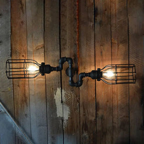 Rustic Black Wire Frame Wall Sconce Light With Pipe 2 Metal Lights - Perfect For Restaurants
