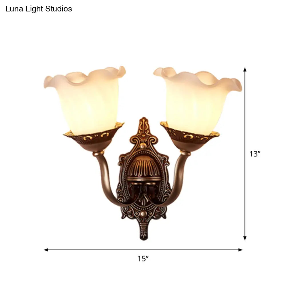 Rustic Blossom Wall Lamp With Opaline Glass Mount - Brown Ideal For Living Room