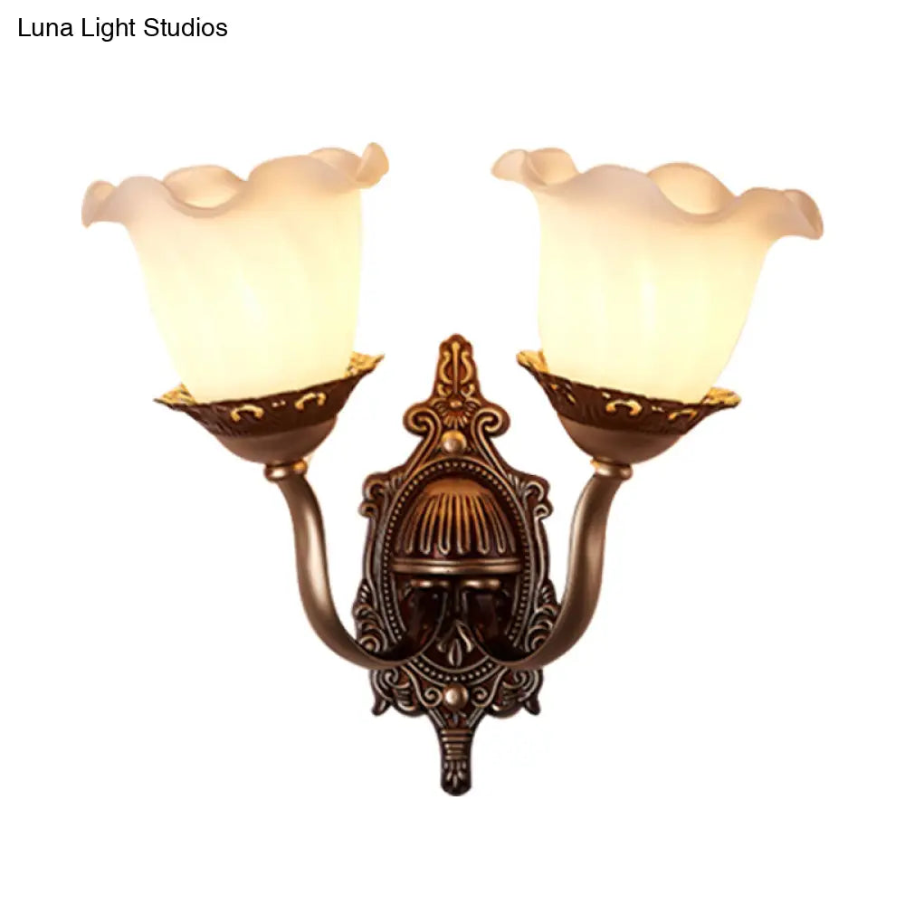 Rustic Blossom Wall Lamp With Opaline Glass Mount - Brown Ideal For Living Room