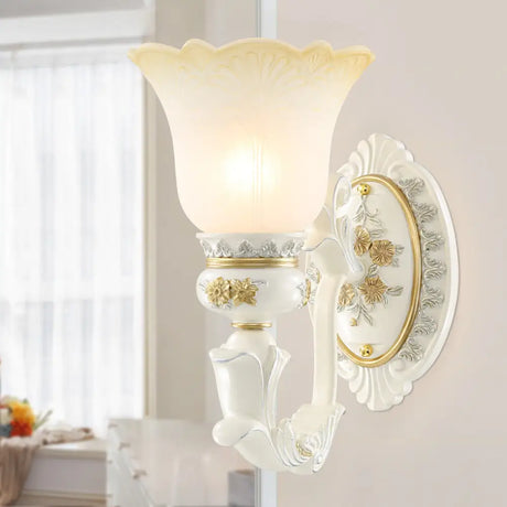 Rustic Blossom Wall Mount Light With Frosted Glass Sconce - Single Bulb Carved Design White