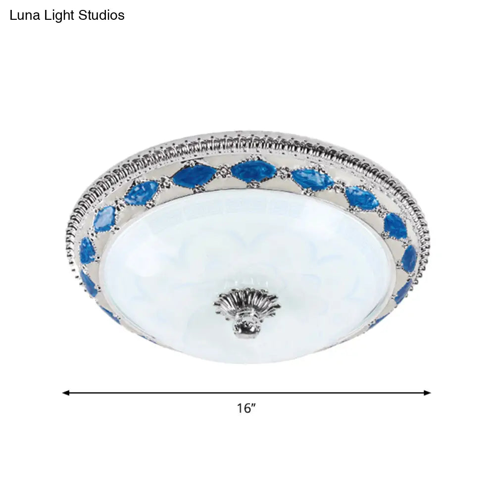 Rustic Blue Led Glass Dome Bedroom Flushmount Light Fixture With Crystal Accent 12’/16’/19.5’ Wide