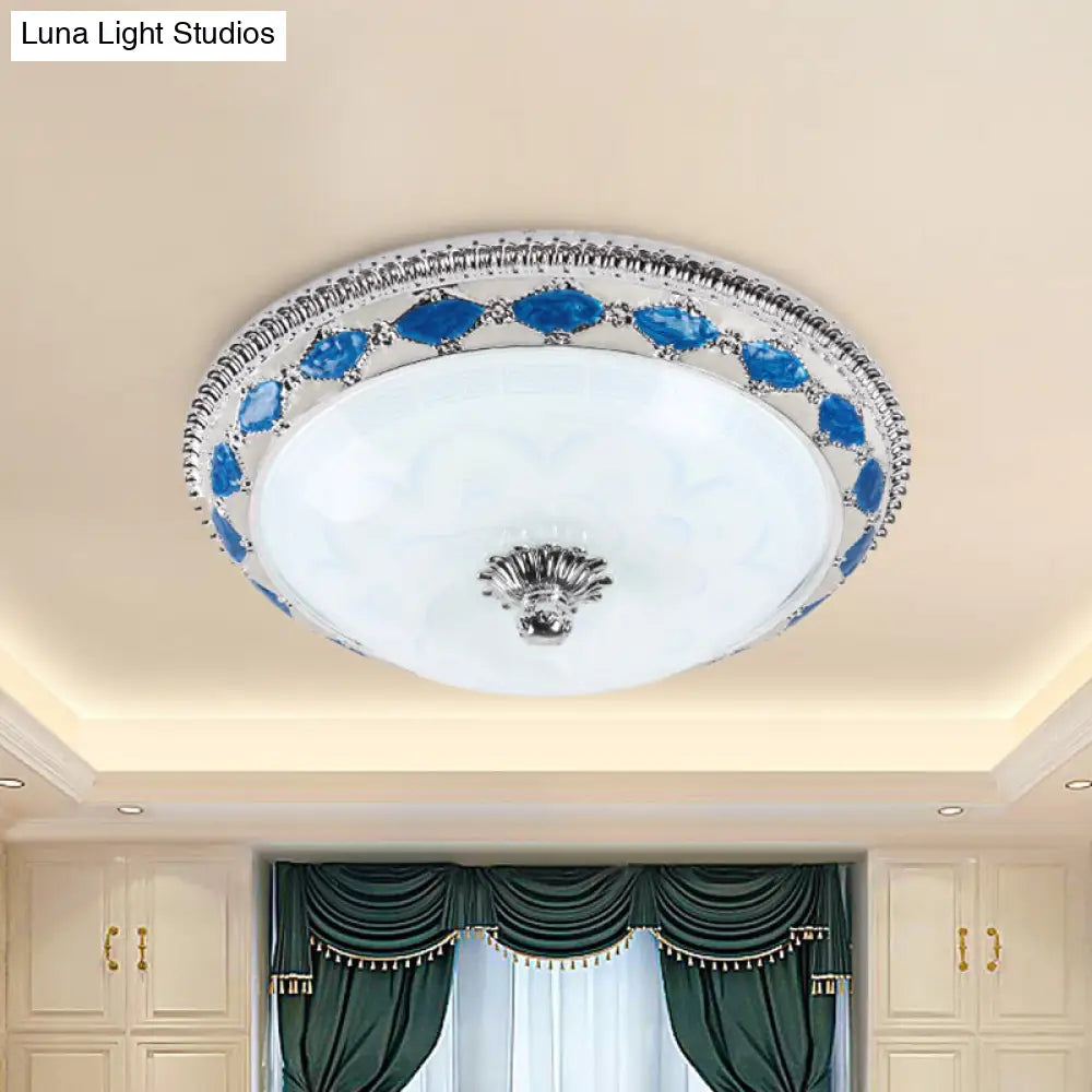 Rustic Blue Led Glass Dome Bedroom Flushmount Light Fixture With Crystal Accent 12’/16’/19.5’ Wide