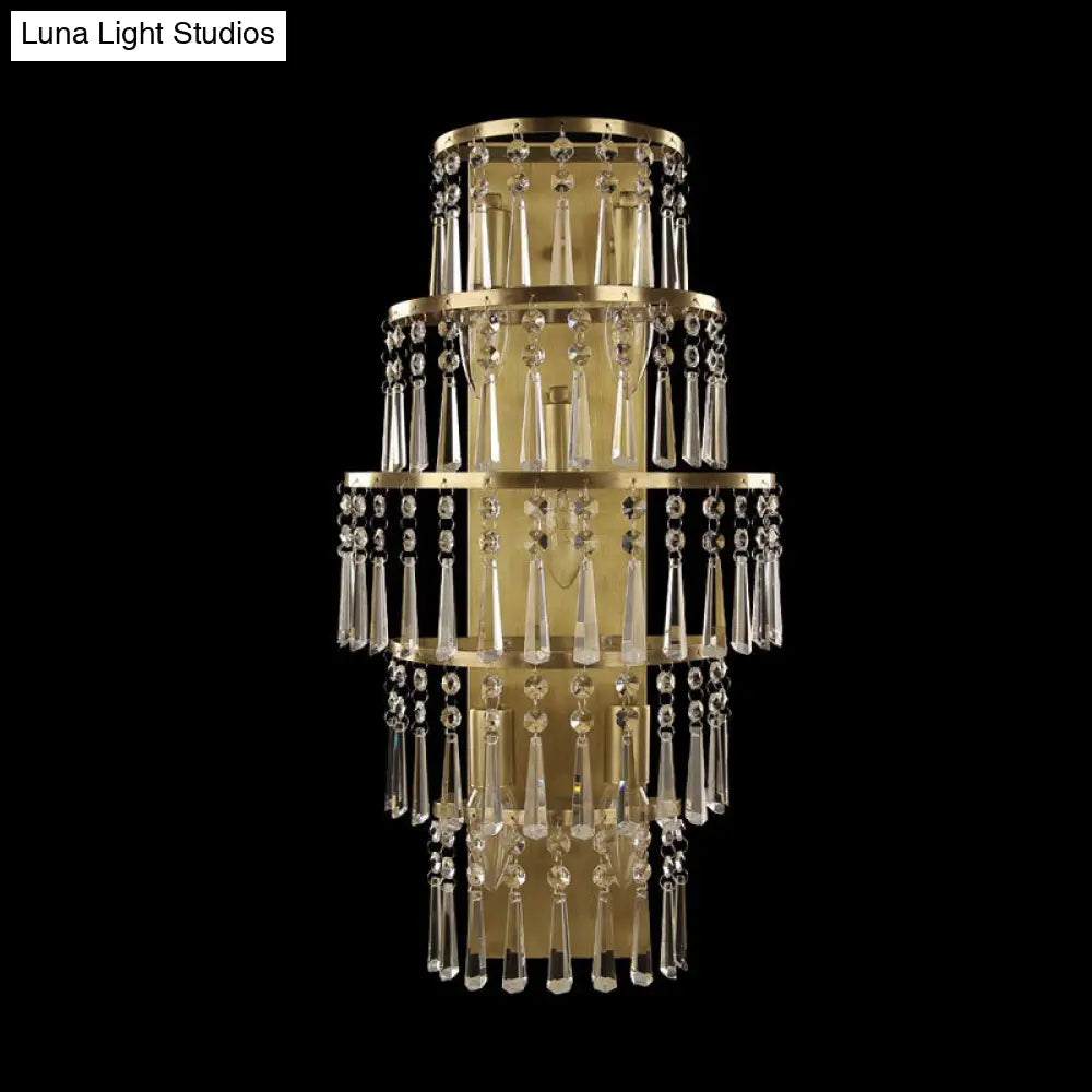 Rustic Brass Crystal Chain Wall Mounted Light Fixture - Tiered Lighting Idea With 5 Bulbs