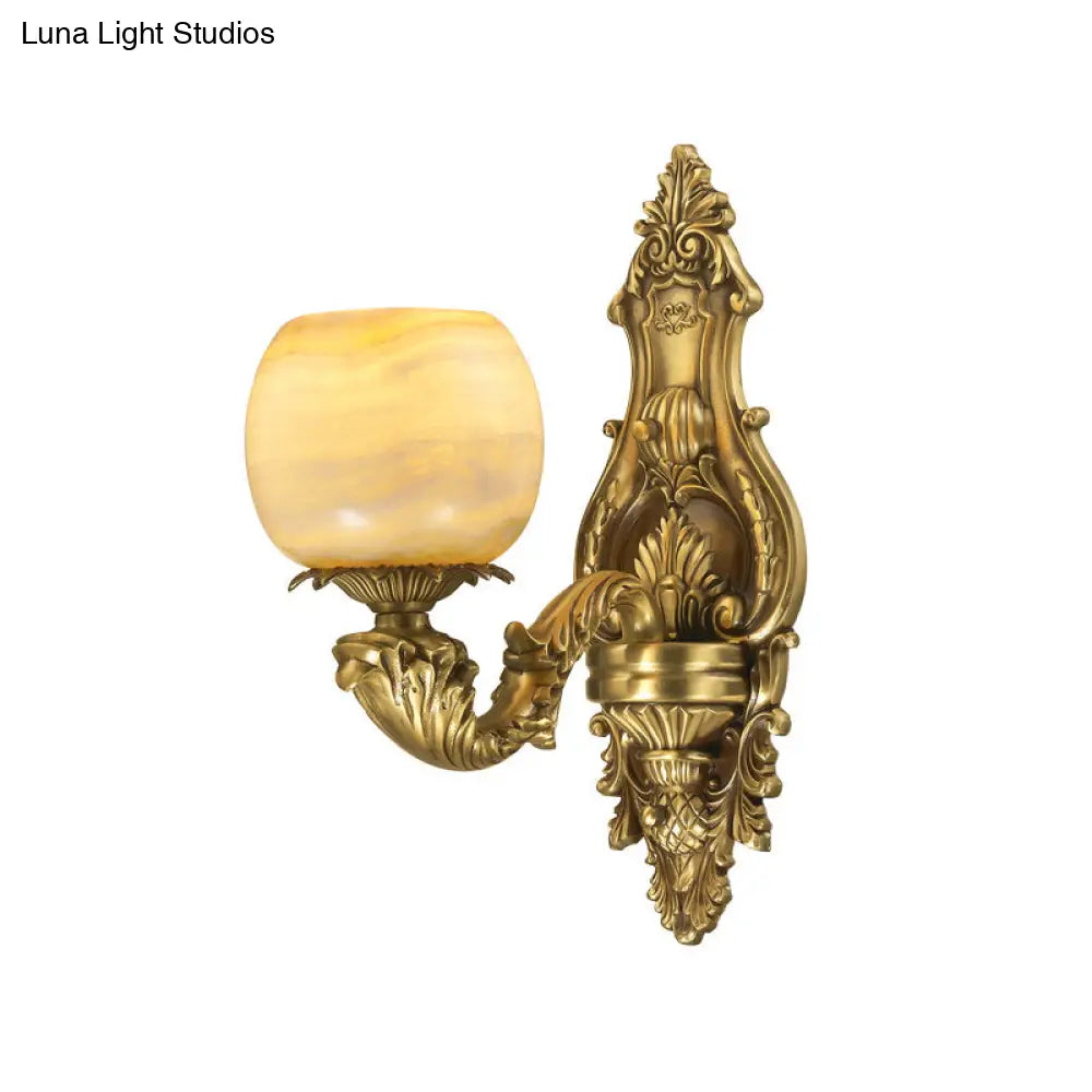 Rustic Brass Finish 1-Head Wall Sconce With Arched Arm - Flower Mount Lighting