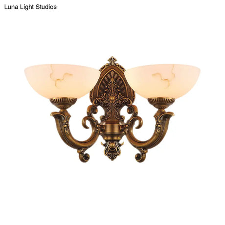 Rustic Brass Finish Glass Wall Lamp With Swirled Arm - 2 Heads Bowl Mount Lighting