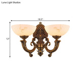 Rustic Brass Finish Glass Wall Lamp With Swirled Arm - 2 Heads Bowl Mount Lighting
