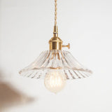 Rustic Brass Floral Hanging Lamp With Clear Ribbed Glass - 1-Light Ceiling Pendant For Table / C