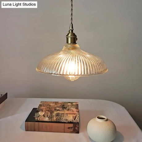 Rustic Brass Pendant Light Fixture With Clear Ribbed Glass Bowl