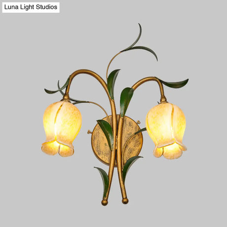 Rustic Brass Petal Wall Mount Sconce Light With White/Yellow Glass - 2/3 Lights For Living Room