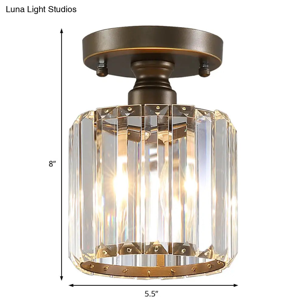 Rustic Brass Semi Flush Mount Ceiling Light With Crystal Shade