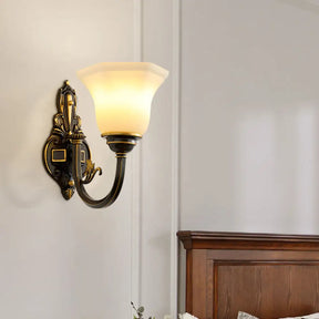 Rustic Brass Wall Lamp With Frost Glass Bell Shade - Ideal For Living Room Lighting 1 /