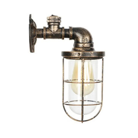 Rustic Bronze Wall Light With Wrought Iron Cage And Pipe Accents For Farmhouse Décor / 11.5