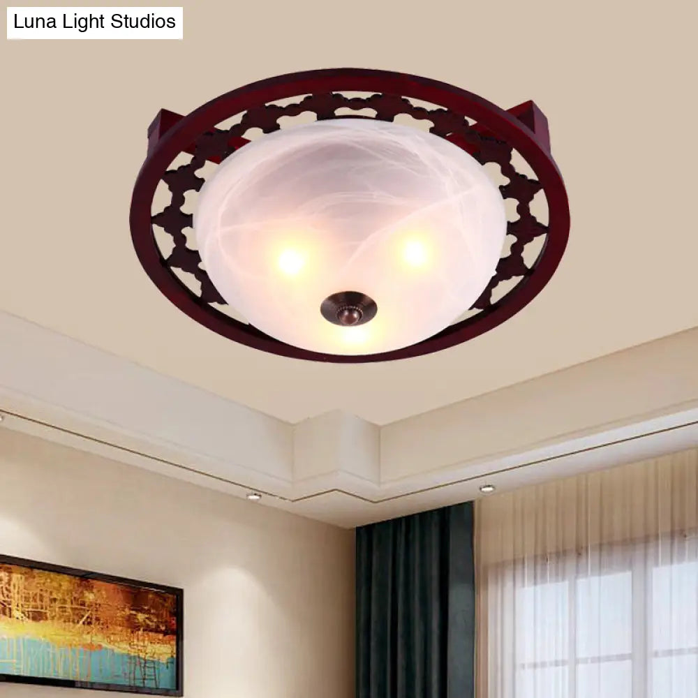 Rustic Brown Dome Flush Mount Lighting With Frosted Glass - 3-Light Wood Design –