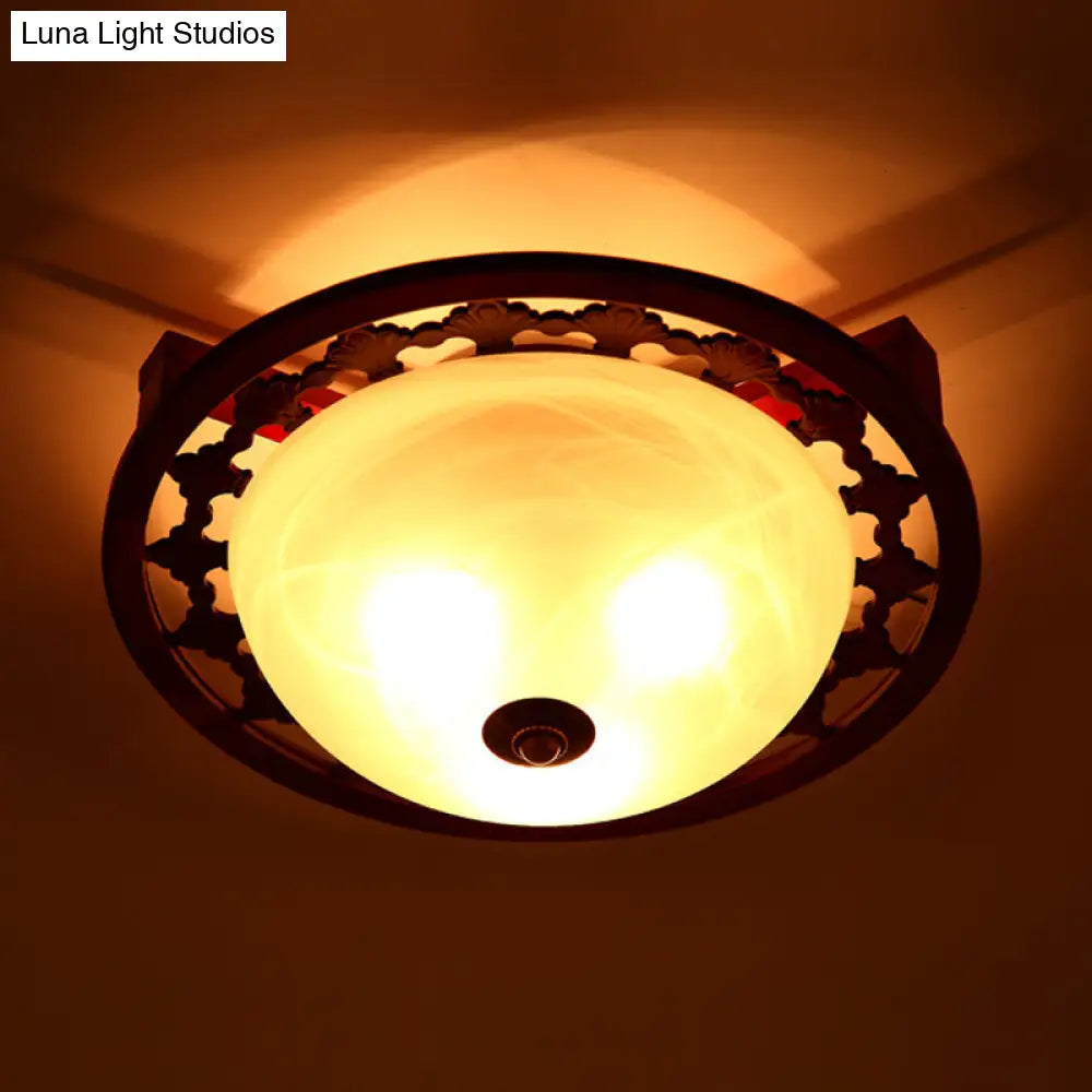 Rustic Brown Dome Flush Mount Lighting With Frosted Glass - 3-Light Wood Design –