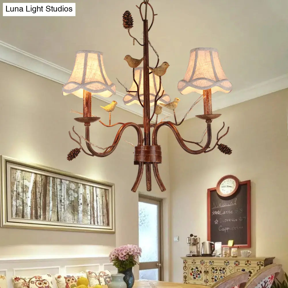 Rustic Brown Metal Pendant Chandelier: Scalloped Hanging Light With Fabric Shade - 3 Lights