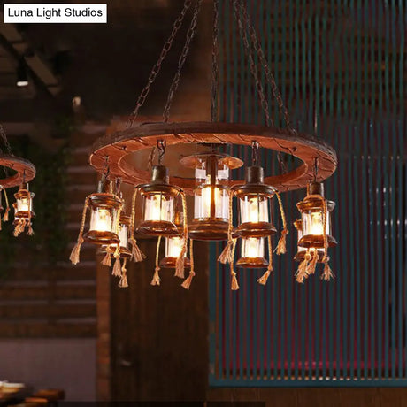 Rustic Brown Metal Pendant Chandelier With Wood Ring Deco - Perfect For Restaurant Lighting 9 Lights