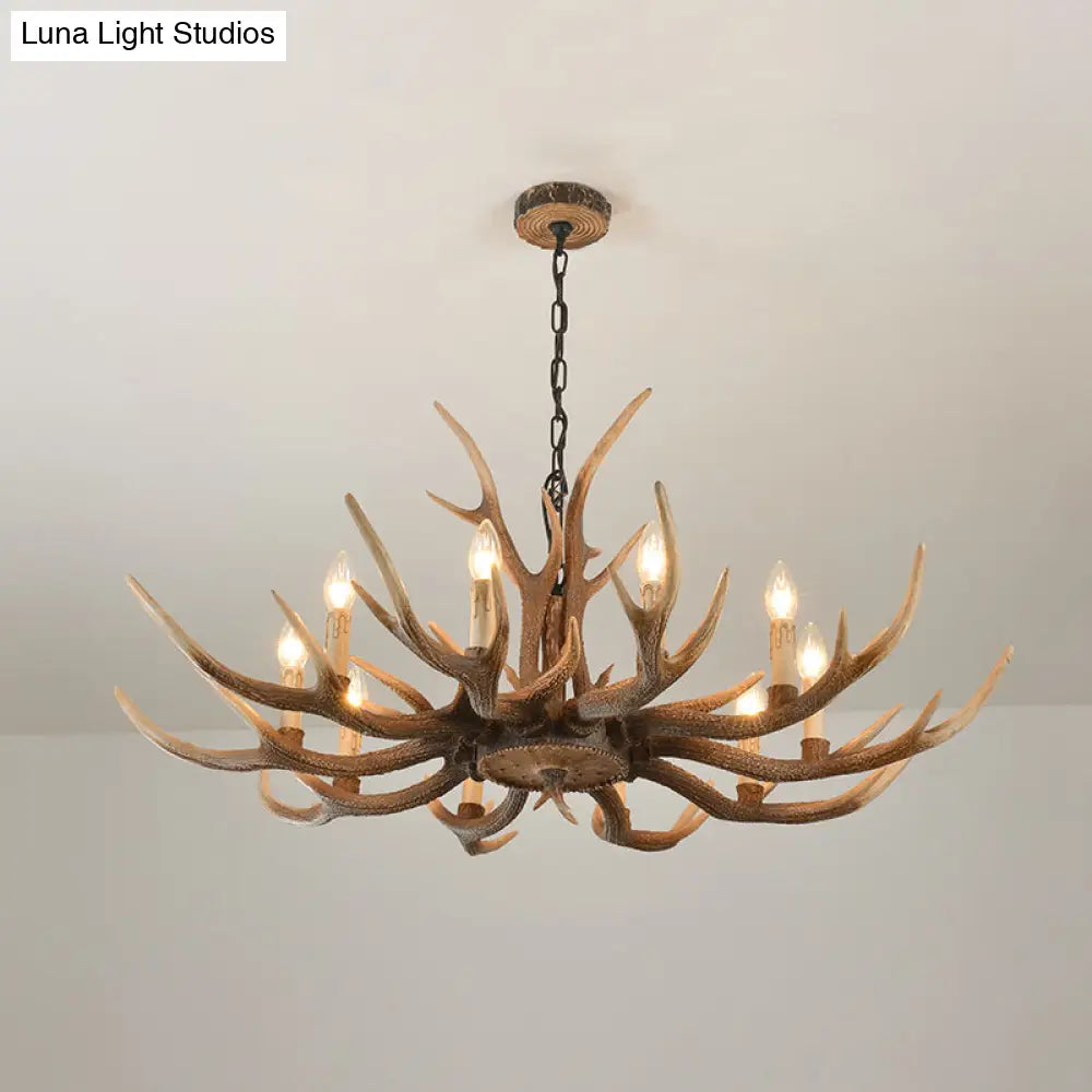 Rustic Brown Resin Antler Chandelier Ceiling Light With Candle Design - Authentic Look