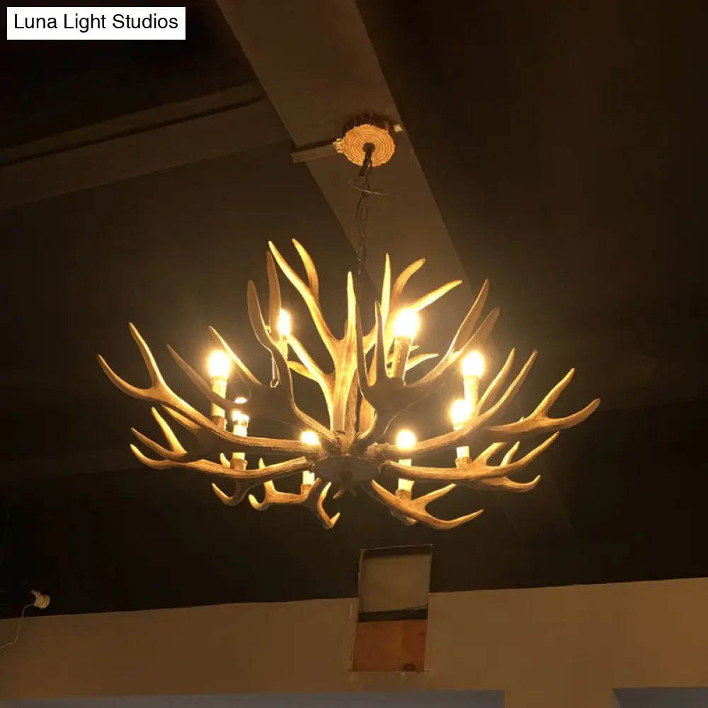 Rustic Brown Resin Antler Chandelier Ceiling Light With Candle Design - Authentic Look