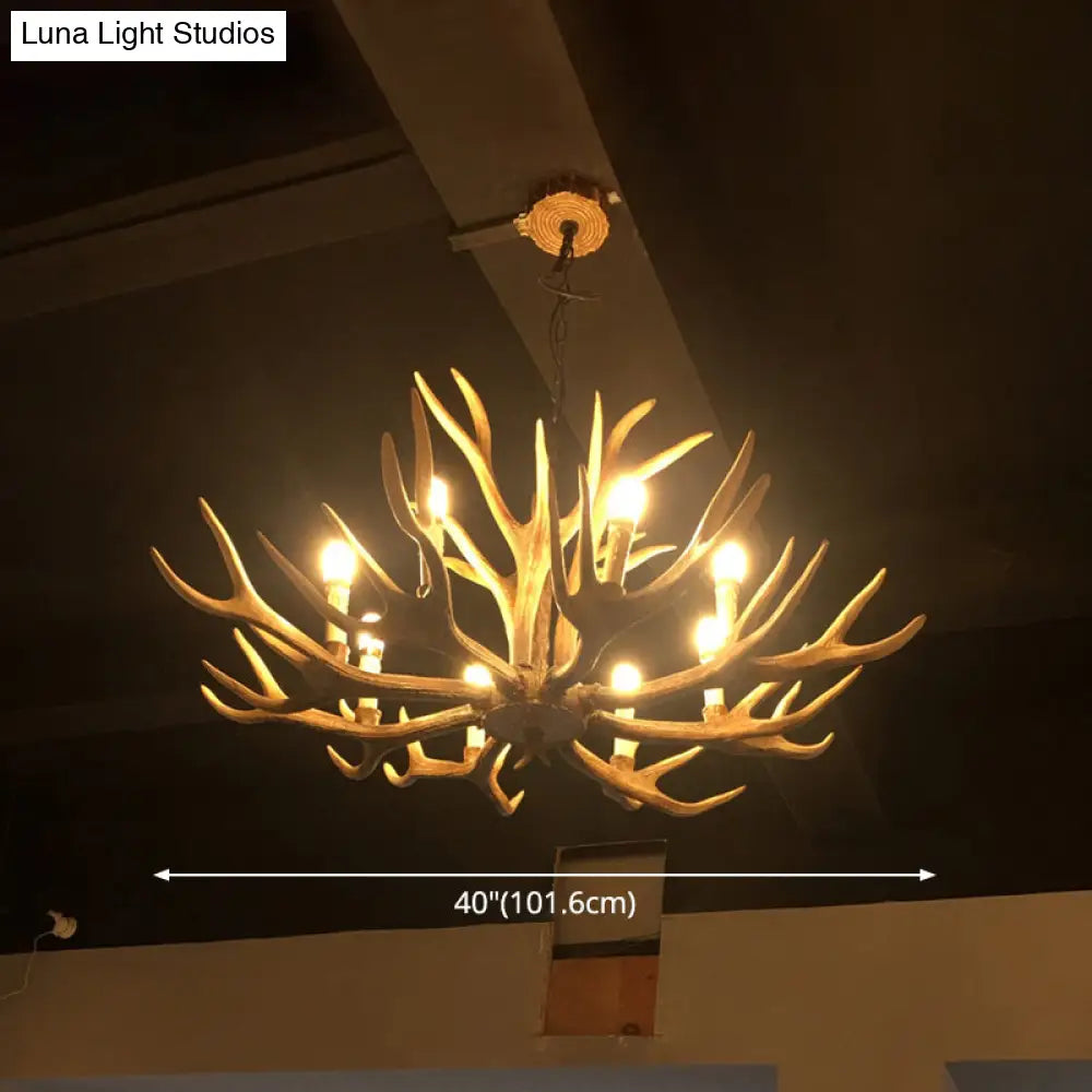 Rustic Brown Resin Antler Chandelier Ceiling Light With Candle Design - Authentic Look