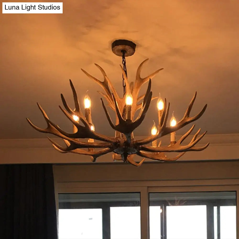 Rustic Brown Resin Antler Chandelier Ceiling Light With Candle Design - Authentic Look