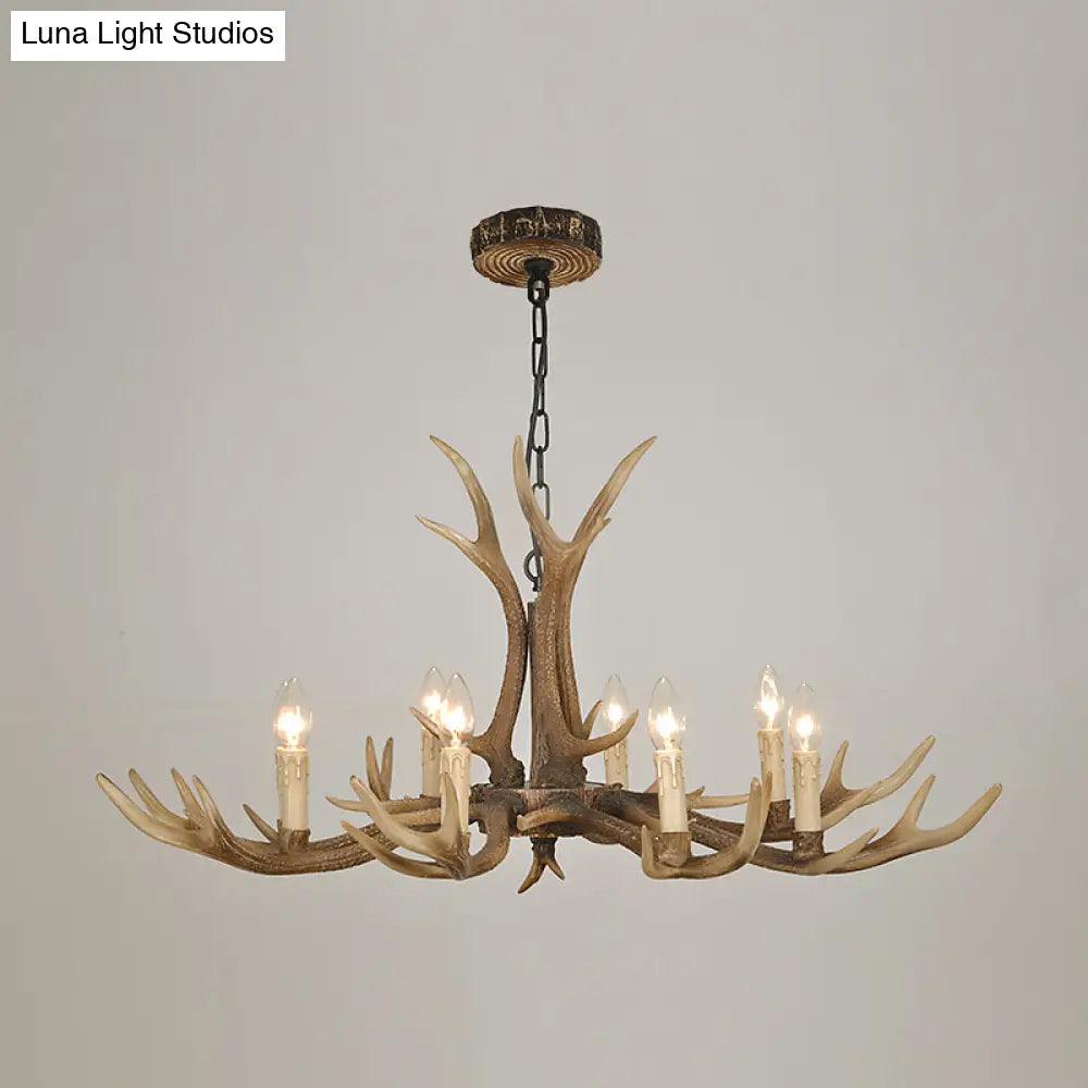 Rustic Brown Resin Antler Chandelier Ceiling Light With Candle Design - Authentic Look