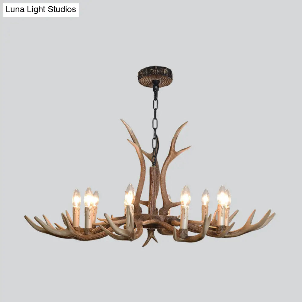 Rustic Brown Resin Antler Chandelier Ceiling Light With Candle Design - Authentic Look