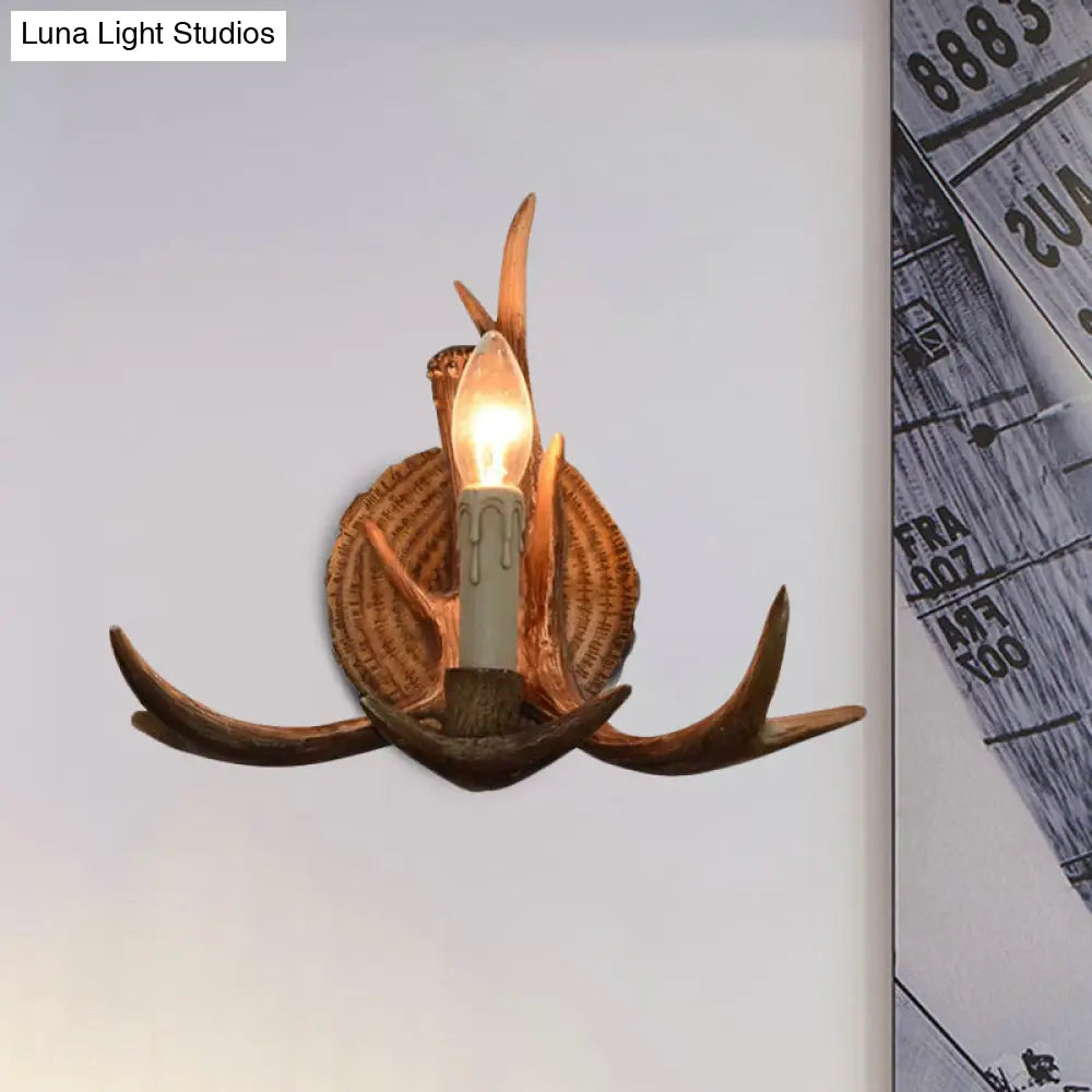 Rustic Brown Resin Antlers Wall Sconce - Cottage Décor 1 Head Candle Light
