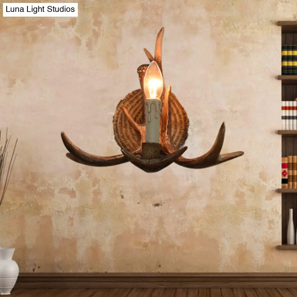 Rustic Brown Resin Antlers Wall Sconce - Cottage Décor 1 Head Candle Light