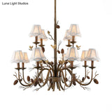 Rustic Brown Scalloped Chandelier With 12 Lights Metal Pendant Light Fixture And White Fabric Shade