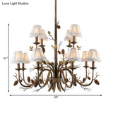 Rustic Brown Scalloped Chandelier With 12 Lights Metal Pendant Light Fixture And White Fabric Shade