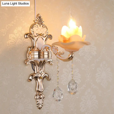 Rustic Bud Wall Light With Ruffle Glass And Crystal Draping In Weathered Zinc - Vintage Mount