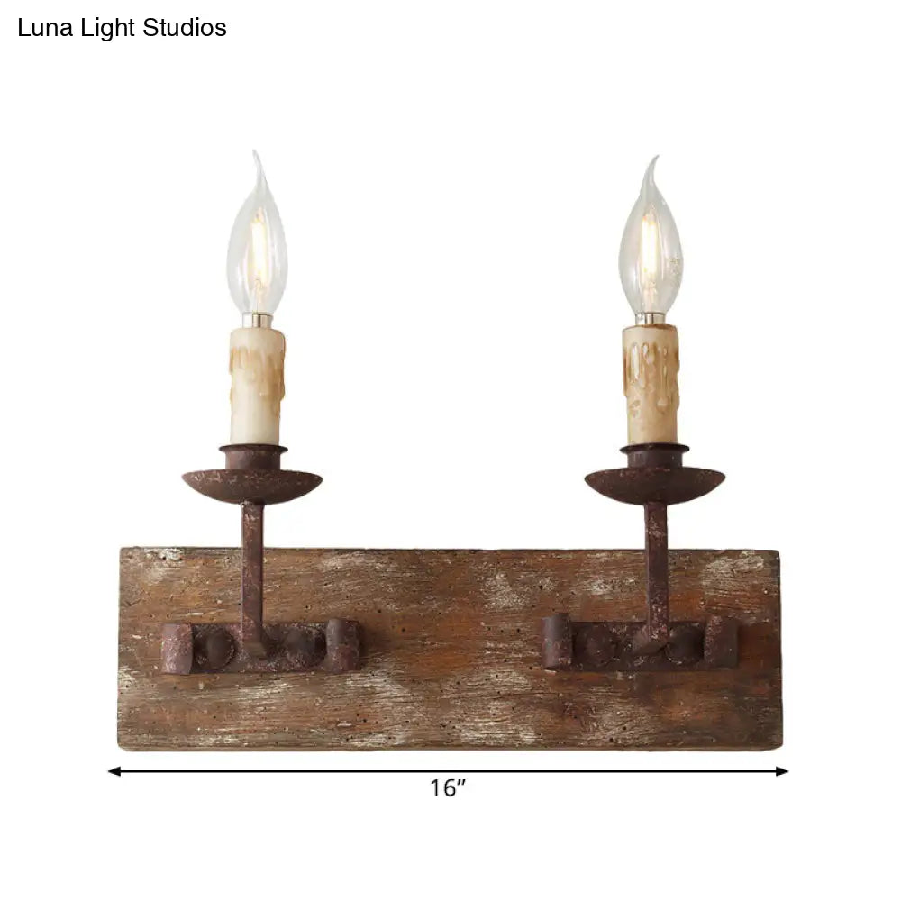 Rustic Candelabra Wall Light Fixture - 1/2/3-Bulb Metallic Lamp In Brown With Wood Backplate