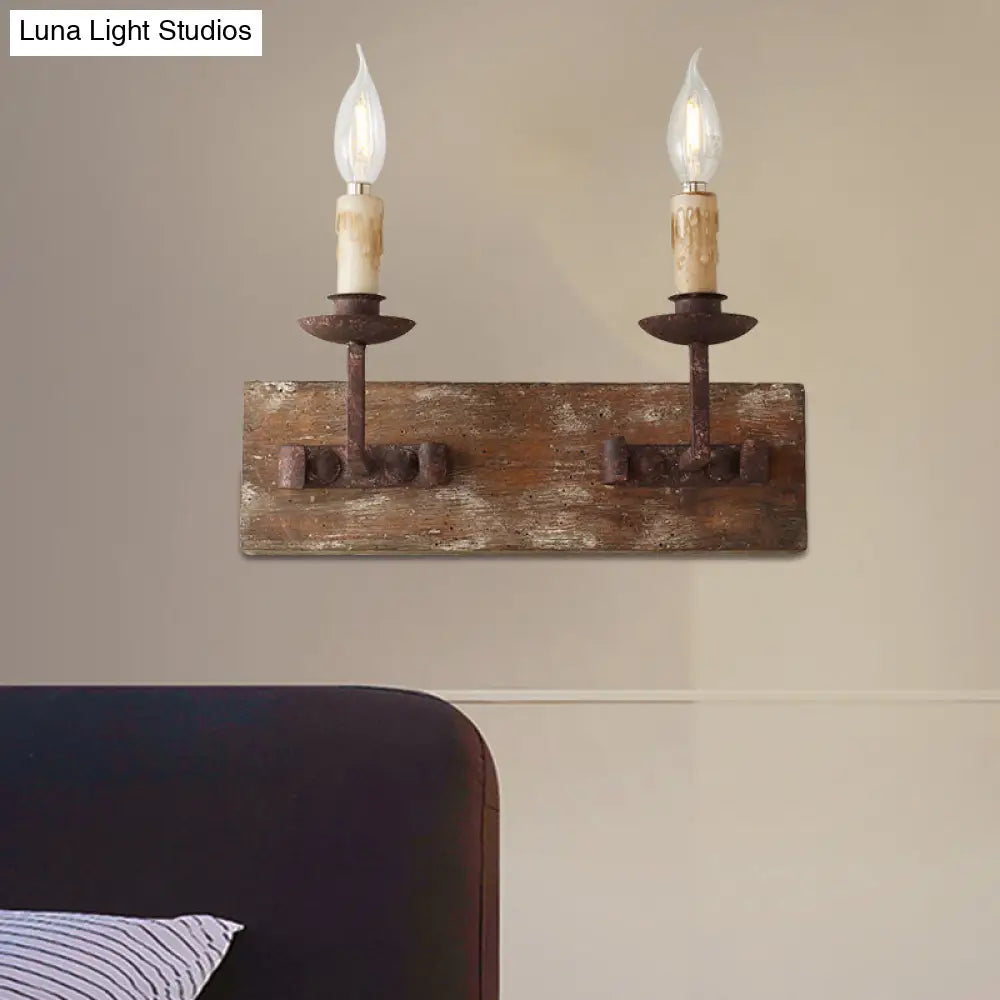 Rustic Candelabra Wall Light Fixture - 1/2/3-Bulb Metallic Lamp In Brown With Wood Backplate