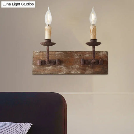 Rustic Candelabra Wall Light Fixture - 1/2/3-Bulb Metallic Lamp In Brown With Wood Backplate