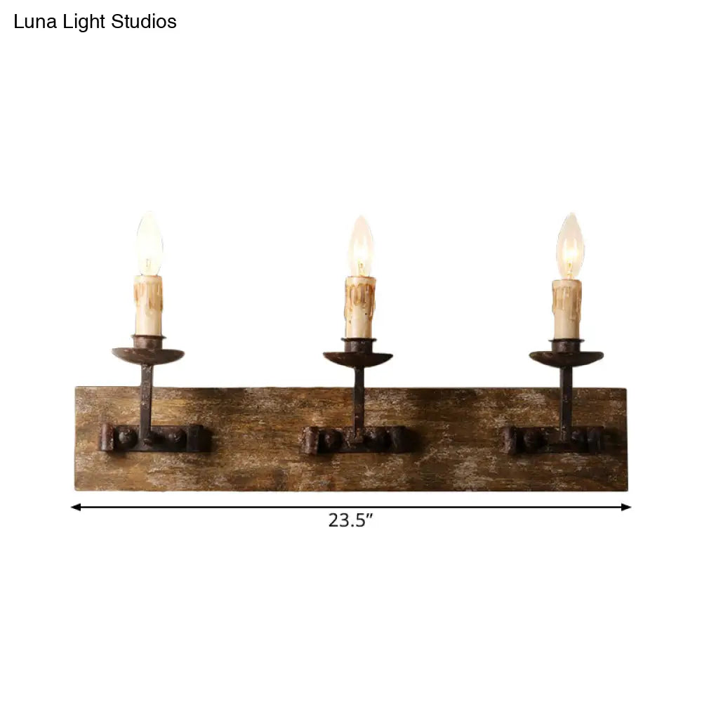 Rustic Candelabra Wall Light Fixture - 1/2/3-Bulb Metallic Lamp In Brown With Wood Backplate