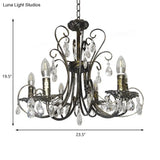 Rustic Candle Chandelier: Wrought Iron 6-Light Suspension Lamp With Crystal Accent - Brass Finish