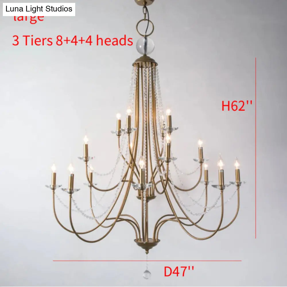 Rustic Candlestick Chandelier with Crystal Strand – Elegant Metallic Hanging Light Kit