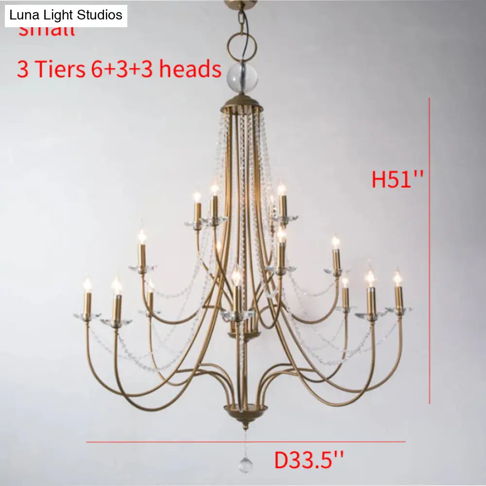 Rustic Candlestick Chandelier with Crystal Strand – Elegant Metallic Hanging Light Kit