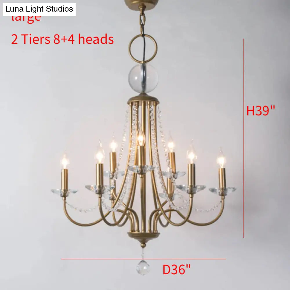 Rustic Candlestick Chandelier with Crystal Strand – Elegant Metallic Hanging Light Kit