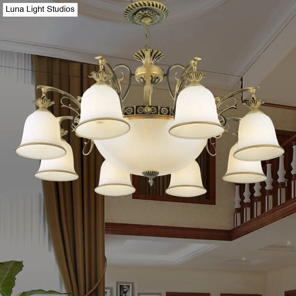 Rustic Carillon Chandelier Lighting - 11-Head White Glass Fixture In Brass