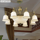 Rustic Carillon Chandelier Lighting - 11-Head White Glass Fixture In Brass