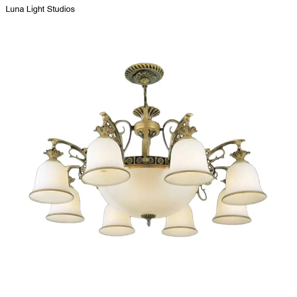 Rustic Carillon Chandelier Lighting - 11-Head White Glass Fixture In Brass
