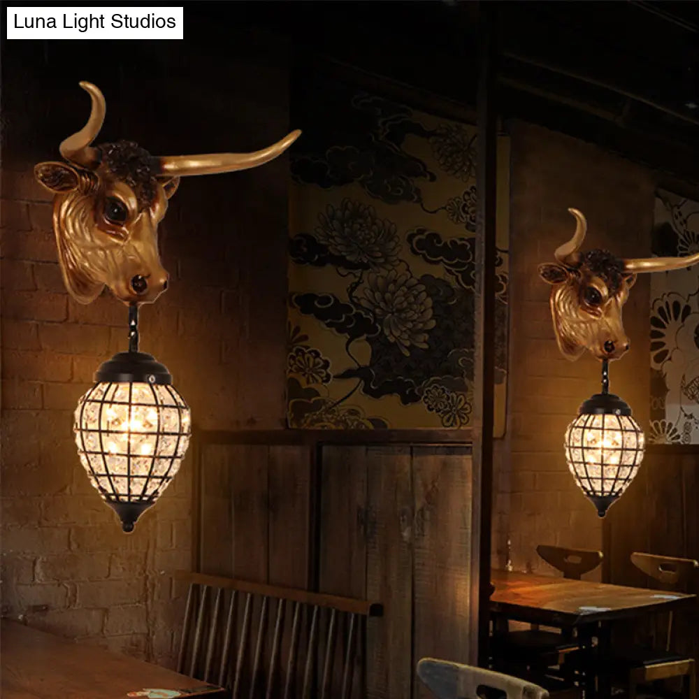 Rustic Cattle Sconce Light Fixture - 1-Light Resin Wall Mount In Brown With Water Drop/Globe Crystal