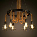 Rustic Circular Iron Pendant Light With Hemp Rope And Cage - 6 Bulb Brown Chandelier For Restaurants
